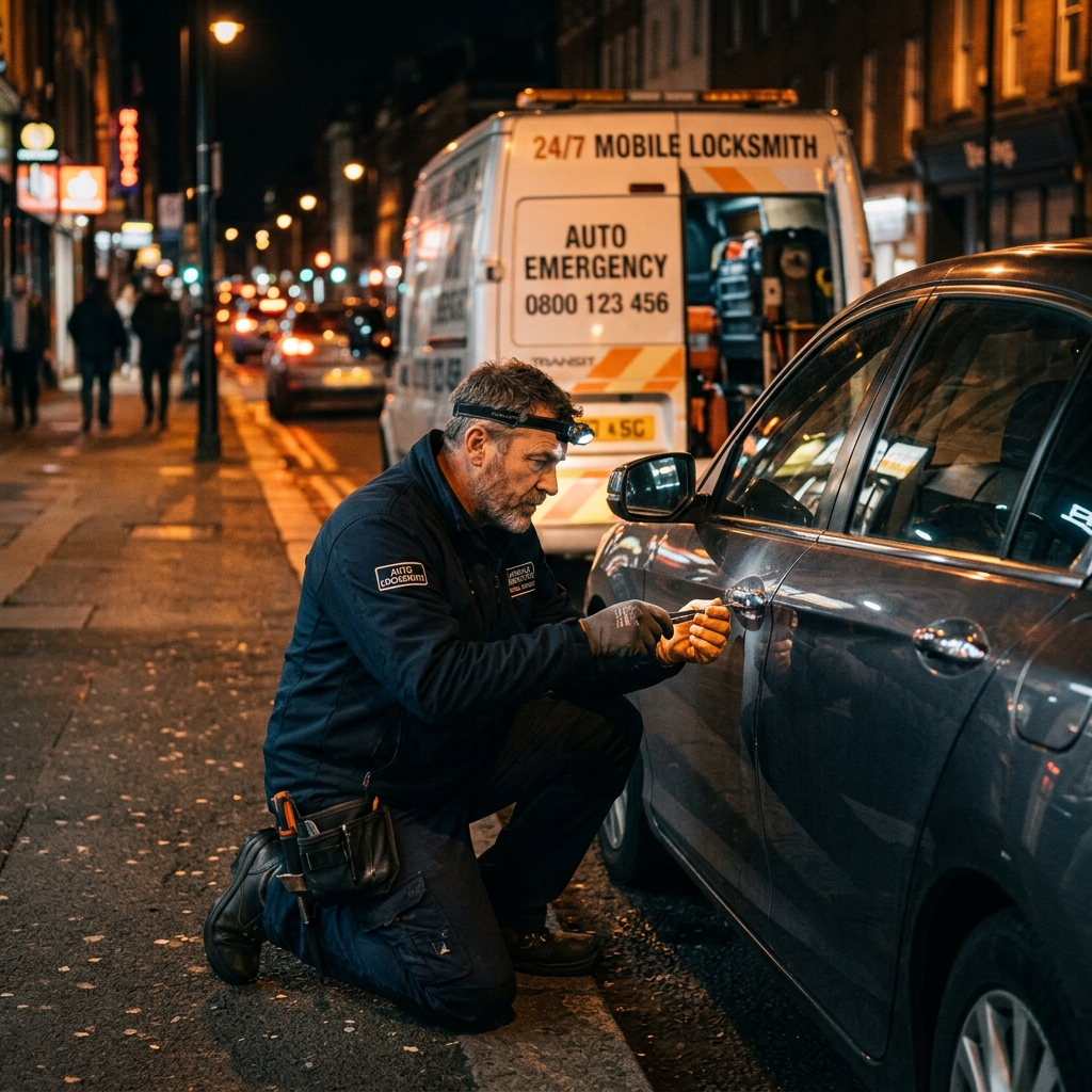Locksmith arriving at car lockout at night